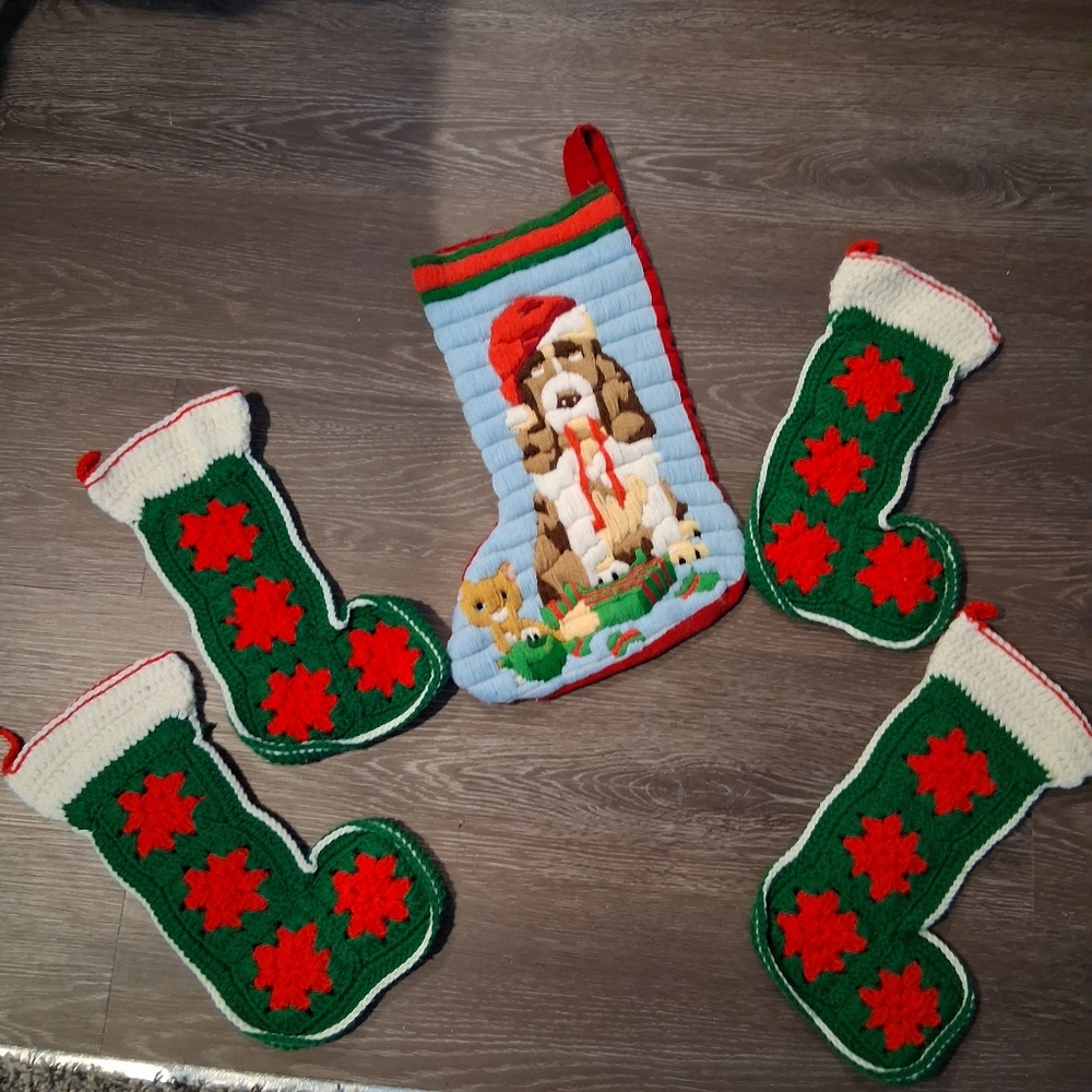Vintage HANDCRAFTED STOCKING LOT BASSET HOUND CROCHET Kitschy Christmas